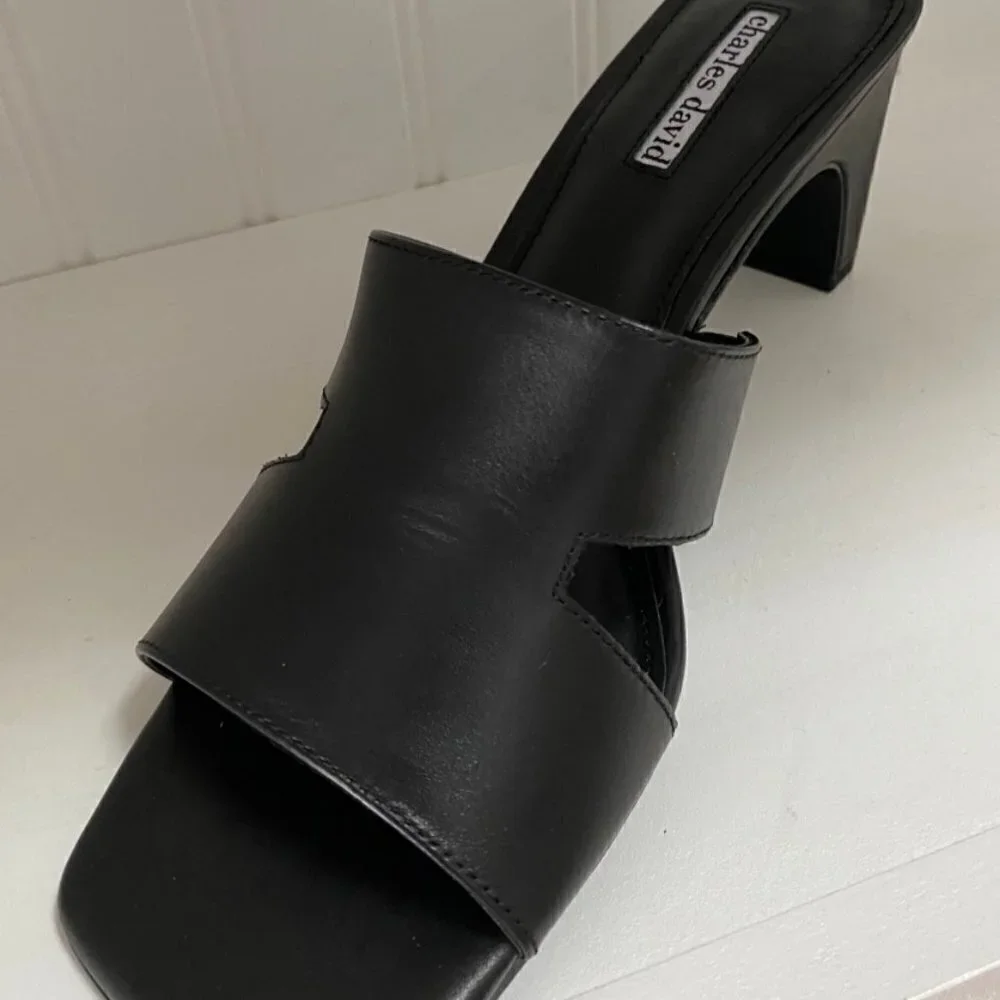 Charles David HARLEY LEATHER OPEN TOE HEEL SANDALS in Black Size 8.5